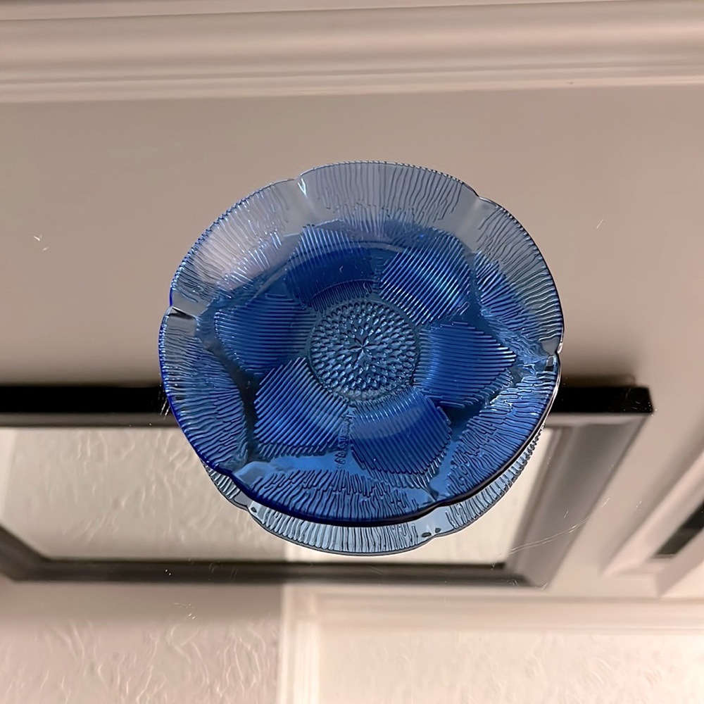 Vintage Fortecrisa Mexico cobalt blue sunflower etched glass small plate saucer
